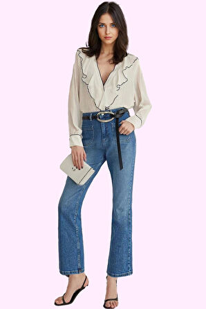 Kadın Normal Bel Denim İspanyol Paça Jean Günlük Casual Flare Hafta Sonu Dayanıklı Malzeme