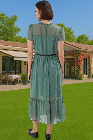 Kadın Şifon A Kesim Kemerli Midi Elbise Astarlı Dik Yaka Şık Görünüm Kaliteli İşçilik Konforlu Kesim