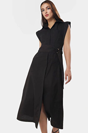 Kuşaklı Dokuma Pamuk Polyester Midi Gömlek Elbise Rahat Yazlık Premium Kalite Dayanıklı Malzeme