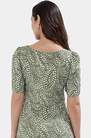 Nefes Alan Viskoz Midi Elbise A Line Kare Yaka Puantiyeli Kısa Kol Özenle Seçilmiş