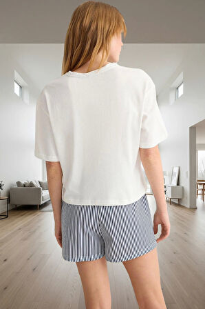 Rahat Pamuklu Pijama Takımı Çizgili Desenli Bisiklet Yaka Kısa Kollu Seçkin Malzeme