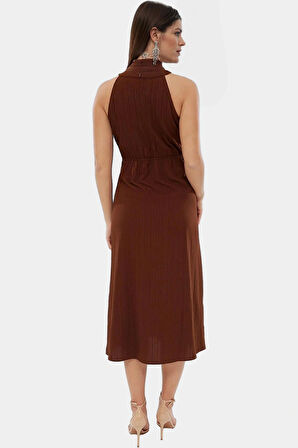 Rahat A Line Crinkle Dokuma Maxi Elbise  Polyester Halter Yaka Kaliteli İşçilik Trend Tasarım