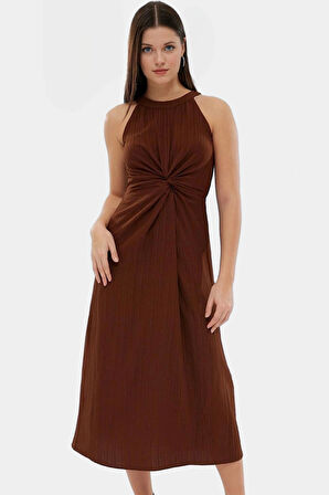 Rahat A Line Crinkle Dokuma Maxi Elbise  Polyester Halter Yaka Kaliteli İşçilik Trend Tasarım
