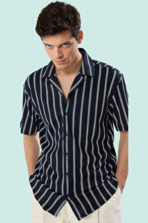 Erkek Yazlık Bürümcük Dokuma Çizgili Gömlek Apaş Yaka Kısa Kollu Rahat Kalıp Günlük Kullanım