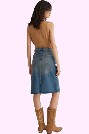 Kadın Pamuklu Denim Midi Etek; Günlük Şıklık İçin Rahat Kalıp Hafta Sonu Dayanıklı Malzeme