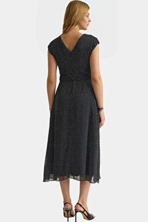 Kemerli A line Midi Elbise Şifon Dokuma Puantiyeli Desen Polyester Kumaş Özenle Seçilmiş