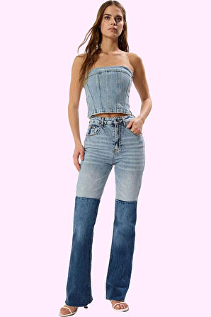 Kadın Renk Bloklu Comfort Flare Jean Yüksek Bel Günlük Ve Özel Günler Yaz Aylarının Vazgeçilmezi