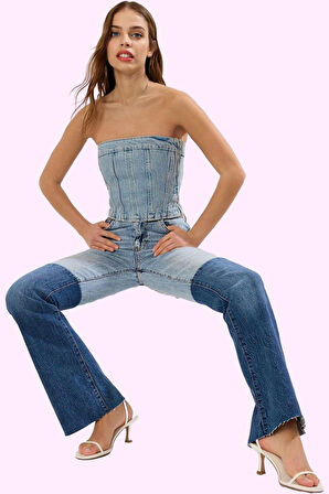 Kadın Renk Bloklu Comfort Flare Jean Yüksek Bel Günlük Ve Özel Günler Yaz Aylarının Vazgeçilmezi
