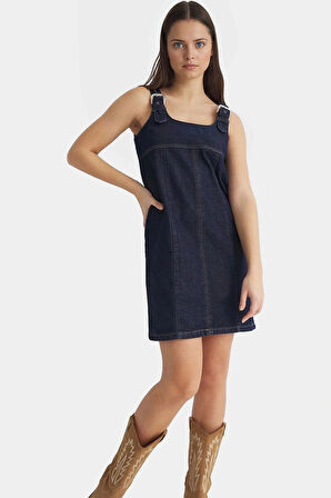 Yazlık Pamuklu Denim Elbise Bisiklet Yaka Ayarlanabilir Askılar Mini Boy Zarifane Tasarım