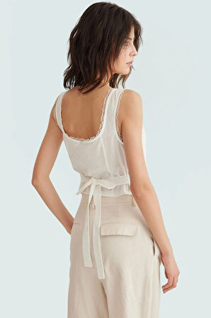 100 Pamuk Crop Bluz Kare Yaka Kolsuz Rahat Yazlık Zarifane Tasarım Yüksek Kalite