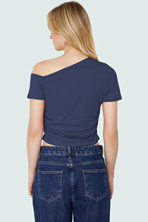 Pamuklu Örme Bluz Asimetrik Yaka Crop Düşük Kol Rahat Günlük Kullanım Profesyonel Görünüm