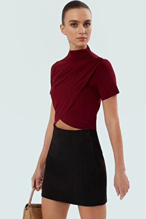 Şık Dik Yaka Crop Bluz Örme Kumaş Kruvaze Yazlık Modern Stil Rahat Ve Özel Tasarım