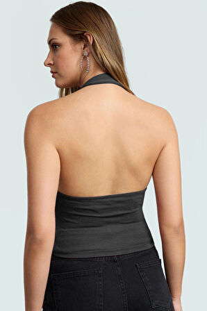 Fitted Kalıp Viskoz Ribana Crop Bluz Boyundan Bağlamalı Yaka Günlük Stil