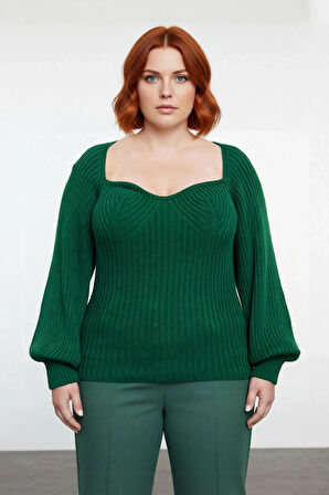 Kadın Modern Kalp Yaka Triko Kazak Fitted Kalıp Uzun Reglan Kol Fitilli Örme Şıklığı Kışa Özel