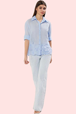 Kadın Pamuklu Gömlek Brode Detaylı Rahat Kalıp Günlük Şıklık Hafta Sonu Yaz Aylarının Vazgeçilmezi