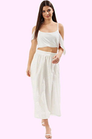 Kadın Brode Nakışlı A line Maxi Etek Pamuk Günlük Şıklık Hafta Sonu Yaz Aylarının Vazgeçilmezi