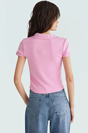 Viskoz Ribana Örme Bluz Crop Polo Yaka Fitted Rahat Kullanım Premium Kalite Modern Stil