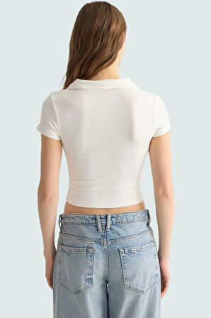 Viskoz Ribana Örme Bluz Crop Polo Yaka Fitted Rahat Kullanım Premium Kalite Modern Stil