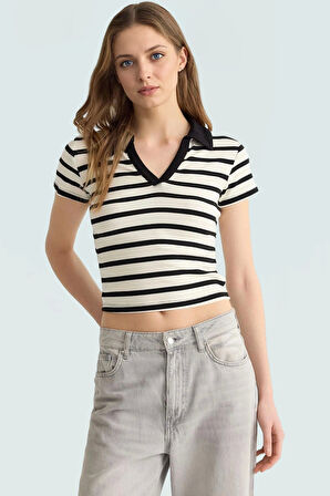 Viskoz Ribana Örme Bluz Crop Polo Yaka Fitted Rahat Kullanım Premium Kalite Modern Stil
