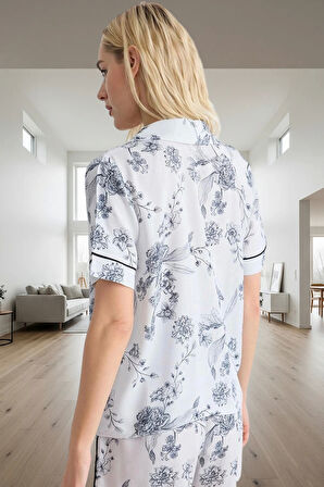 Rahat Viskoz Pijama Takımı Çiçekli Desen Şortlu Dokuma Kumaş Konforlu Kesim Modern Stil