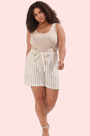 Kadın Çizgili Yüksek Bel Şort Pamuk Rahat Günlük Kombinler Yaz Hafta Sonu Kaliteli Malzeme