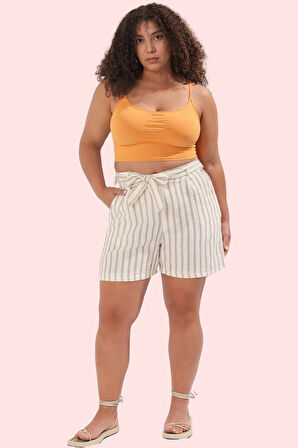 Kadın Çizgili Yüksek Bel Şort Pamuk Rahat Günlük Kombinler Yaz Hafta Sonu Kaliteli Malzeme