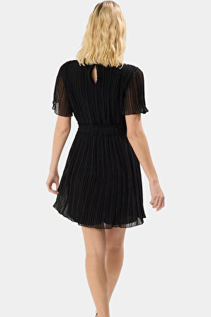 Şifon Dokuma Piliseli Mini Elbise Skater Kalıp Kısa Kollu Rahat Yazlık Özel Tasarım Kaliteli İşçilik