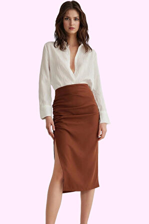 Kadın Yüksek Bel Kalem Etek Yazlık Şık Finike Dokuma Midi Boy Günlük Kullanım Modern Tasarım