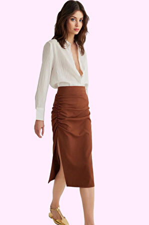 Kadın Yüksek Bel Kalem Etek Yazlık Şık Finike Dokuma Midi Boy Günlük Kullanım Modern Tasarım