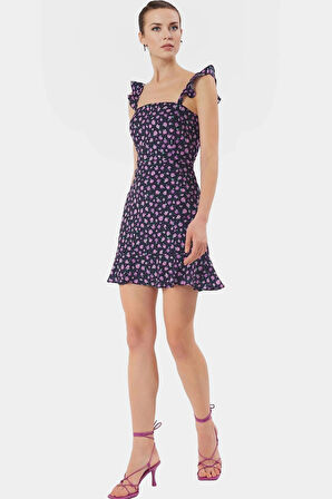 Yazlık Çiçekli Mini Elbise A Line Kare Yaka Moss Krep Polyester Rahat Ve Şık