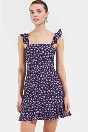Yazlık Çiçekli Mini Elbise A Line Kare Yaka Moss Krep Polyester Rahat Ve Şık