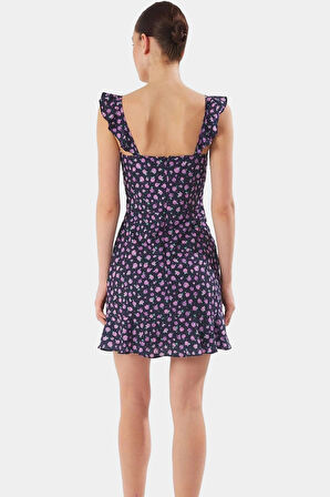 Yazlık Çiçekli Mini Elbise A Line Kare Yaka Moss Krep Polyester Rahat Ve Şık