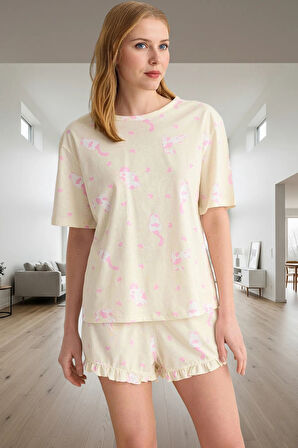 Rahat %100 Pamuklu Pijama Takımı Kedi Desenli Şort ve Tişört Zarifane Tasarım Kullanım