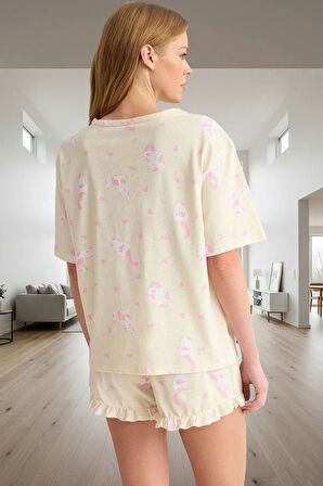Rahat %100 Pamuklu Pijama Takımı Kedi Desenli Şort ve Tişört Zarifane Tasarım Kullanım