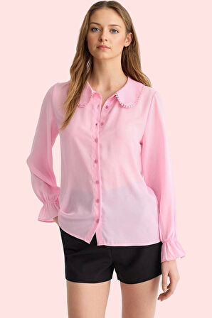 Kadın Dokuma Gömlek; Dantel Detaylı Balon Kol Bebe Yaka Regular Yaz Aylarının Vazgeçilmezi