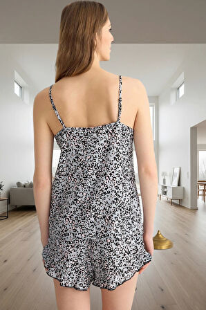 Rahat Yazlık Pijama Takımı; Leopar Desenli Viskon Şortlu Dantelli V Yaka Günlük Kullanım İçin