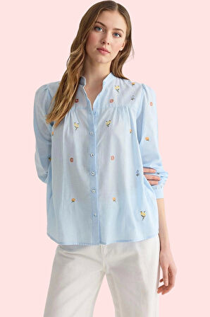 Kadın Pamuklu Flamlı Dokuma Gömlek Dik Yaka Günlük Casual Stil Hafta Sonu Kaliteli Malzeme