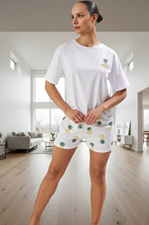 Ananas Desenli Pamuklu Pijama Takımı Rahat Nefes Alan Yazlık Yüksek Kalite Modern Stil