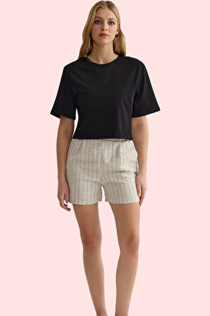 Kadın Çizgili Dokuma Şort Yüksek Bel Straight Siluet Rahat Günlük Kullanım Kaliteli Malzeme