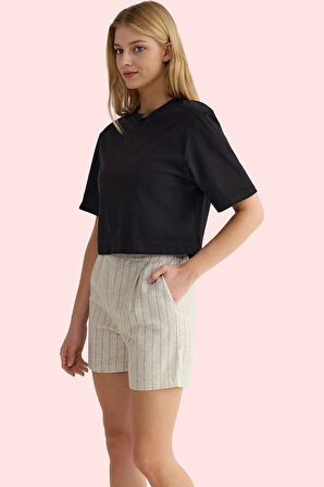 Kadın Çizgili Dokuma Şort Yüksek Bel Straight Siluet Rahat Günlük Kullanım Kaliteli Malzeme