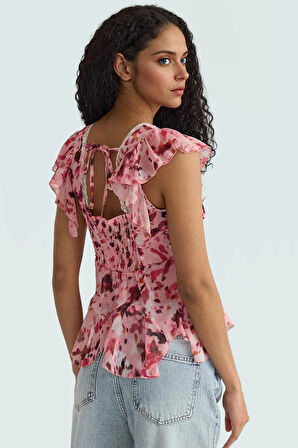 Çok Çiçekli Şifon Bluz V Yaka Fitted Kalıp Yazlık Konforlu Kesim Günlük Kullanım İçin