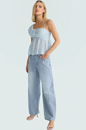 Omuz Bağlama Detaylı Aerobin Dokuma Bluz Rahat Kalıp Yazlık Dayanıklı Malzeme Kullanım