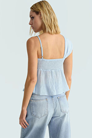 Omuz Bağlama Detaylı Aerobin Dokuma Bluz Rahat Kalıp Yazlık Dayanıklı Malzeme Kullanım