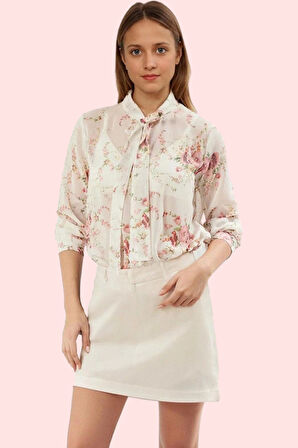 Kadın Şifon Gömlek Basic Siluet Uzun Kol Çiçek Desenli Boyundan Bağlamalı Günlük Kombinler