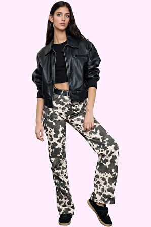 Kadın İnek Desenli Düşük Bel Wide Leg Jean Pantolon Pamuk Casual Stil Yaz Aylarının Vazgeçilmezi