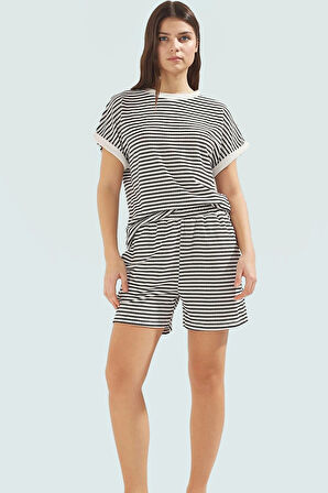 Rahat Örme Alt Üst Takım; Polyester Viskoz Elastan; Çizgili Desen; Kısa Boy Premium Kalite