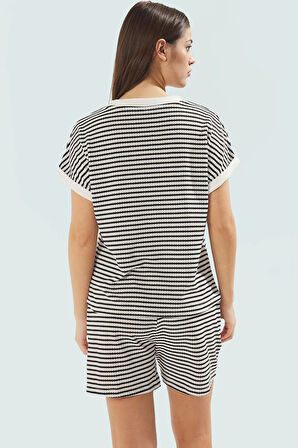 Rahat Örme Alt Üst Takım; Polyester Viskoz Elastan; Çizgili Desen; Kısa Boy Premium Kalite