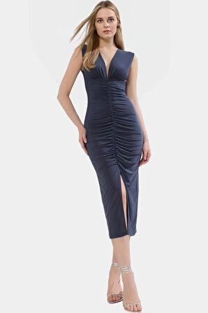 Rahat Ve Şık Bodycon Midi Elbise Örme Kumaş V Yaka Büzgü Detaylar 120 cm Boy
