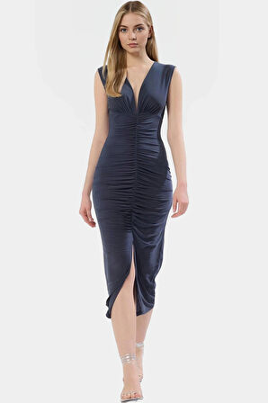 Rahat Ve Şık Bodycon Midi Elbise Örme Kumaş V Yaka Büzgü Detaylar 120 cm Boy