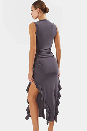 Bodycon Maxi Elbise Esnek Fırfırlı Kayık Yaka Yazlık Seçkin Malzeme Trend Tasarım